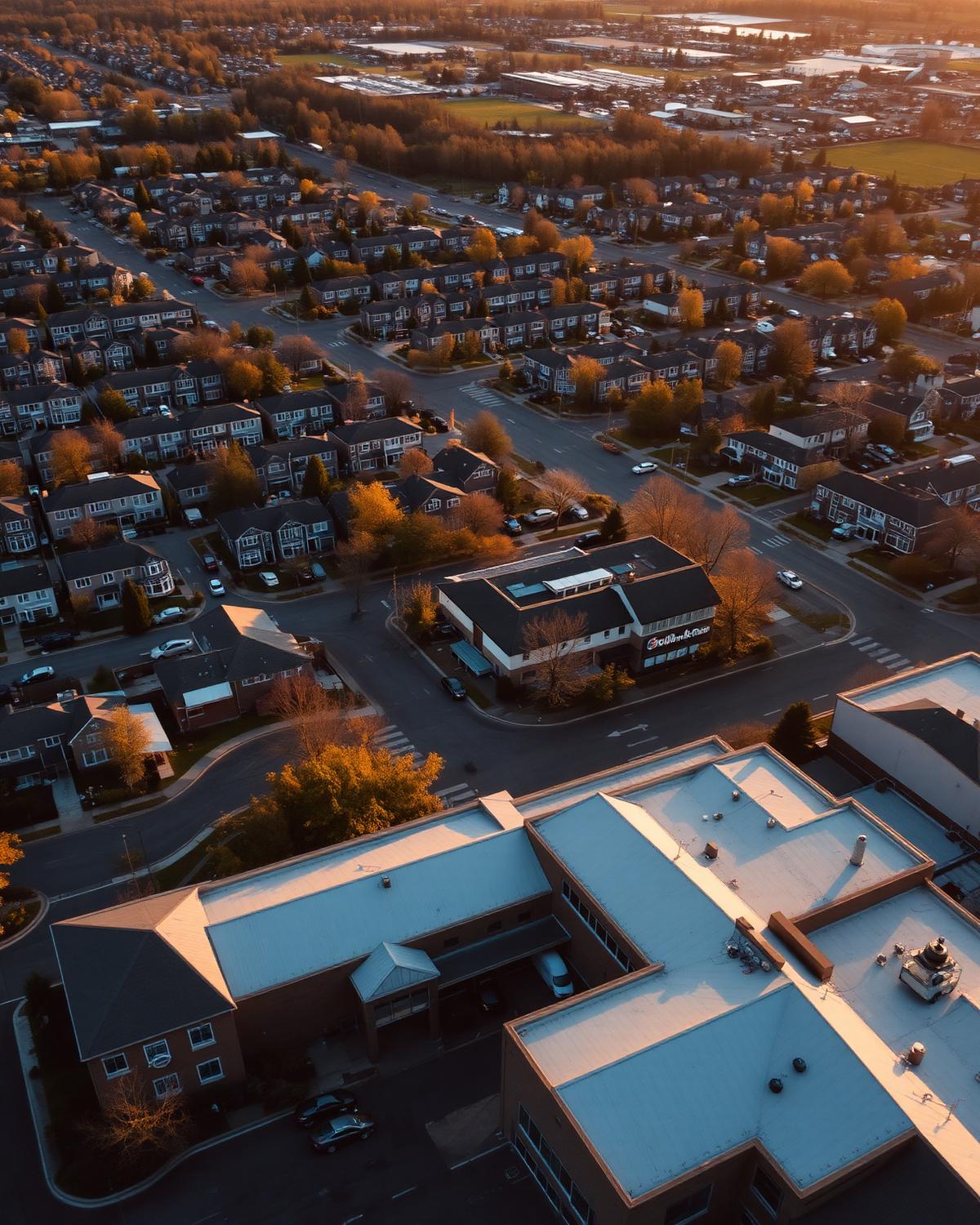 Aerial view of residential and commercial real estate at golden hour